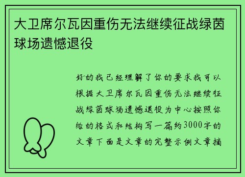 大卫席尔瓦因重伤无法继续征战绿茵球场遗憾退役